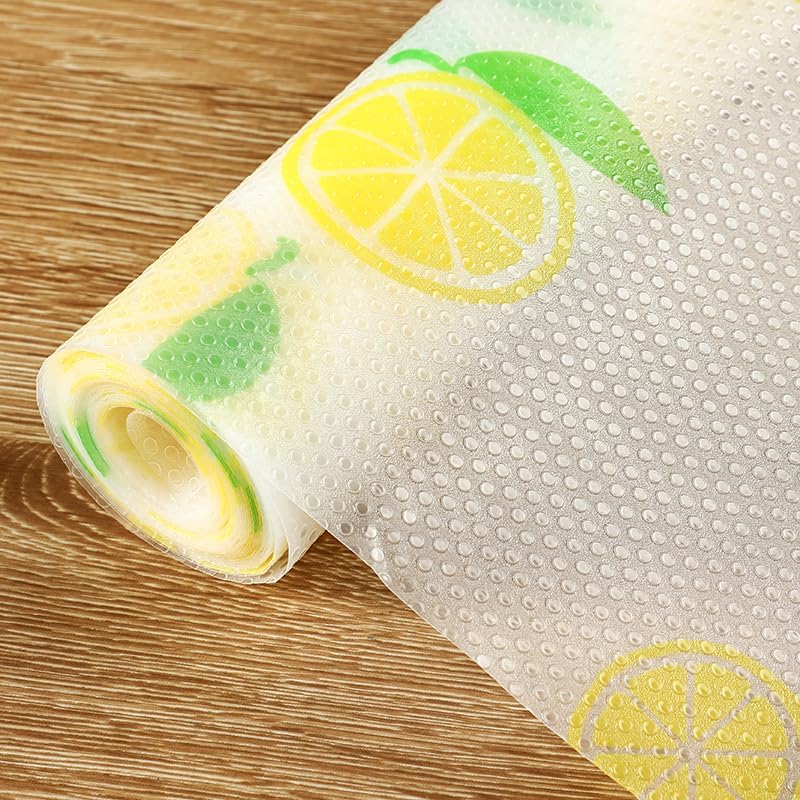 Lemon Print Shelf Liner with Green Leaf  Non-Adhesive Waterproof Drawer and Cabinet Liner  Decorative Kitchen Shelf Paper for Pantry, Closet, Cupboard, Countertop
