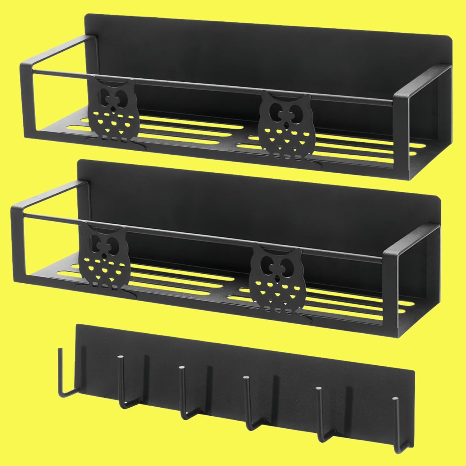 Magnetic Spice Rack for Refrigerator,Spice Organizer for Kitchen,Seasoning Organizer Rack,Magnetic Shelf with Hooks,Strong Magnet,Moveable,No Drilling(3 Pack,Black,Owl)