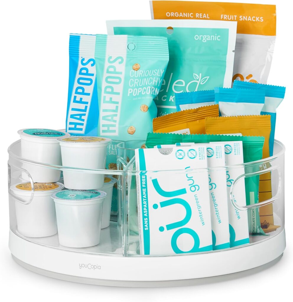 YouCopia Crazy Susan Lazy Susan Organizer, 3 BPA-Free Removable Clear Bins with Handles, Rotating Storage Turntable for Kitchen Cabinet, Pantry and Bathroom Organization