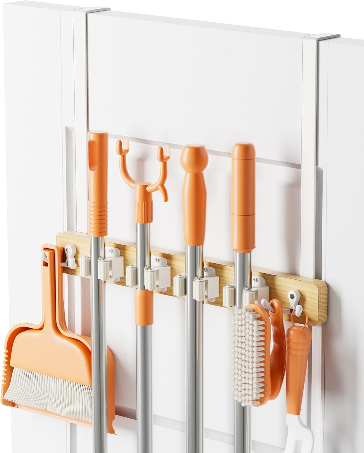 Mop and Broom Holder Wall Mount, No Drill Over the Door Broom and Mop Holder with 4 Slots and 4 Hooks, Wood Tool Hanger for Laundry, Cabinet, Kitchen, Garage