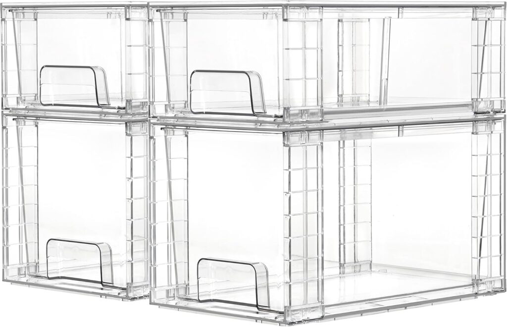 Vtopmart 4 Pack Clear Stackable Storage Drawers,Under Sink and Kitchen Organizers Storage,Easy to Assemble Plastic Drawers for Baby Bottle,Medicine, Bathroom,Cabinet and Pantry Organization