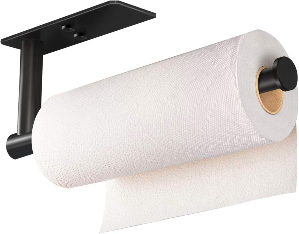 VAEHOLD Self Adhesive Paper Towel Holder Under Cabinet Mount, Wall Mount Paper Towel Roll Rack for Kitchen Cabinet, Bathroom, SUS304 Stainless Steel Black