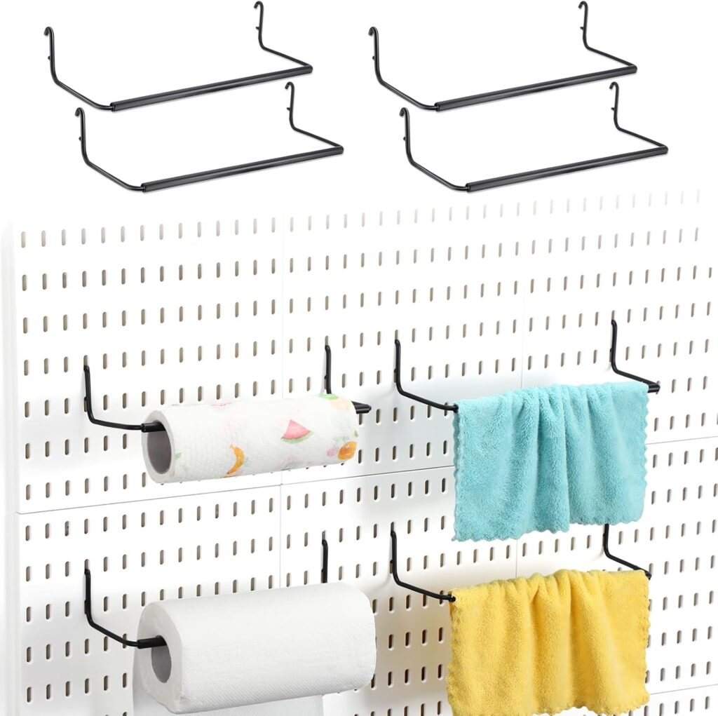 Yaocom 4 Pcs Paper Towel Holder for Pegboard Paper Towel Holder Pegboard Accessories Compatible with IKEA Skadis Peg Board Hooks for Towels, Kitchen Towels, Stickers, Tapes (Black)