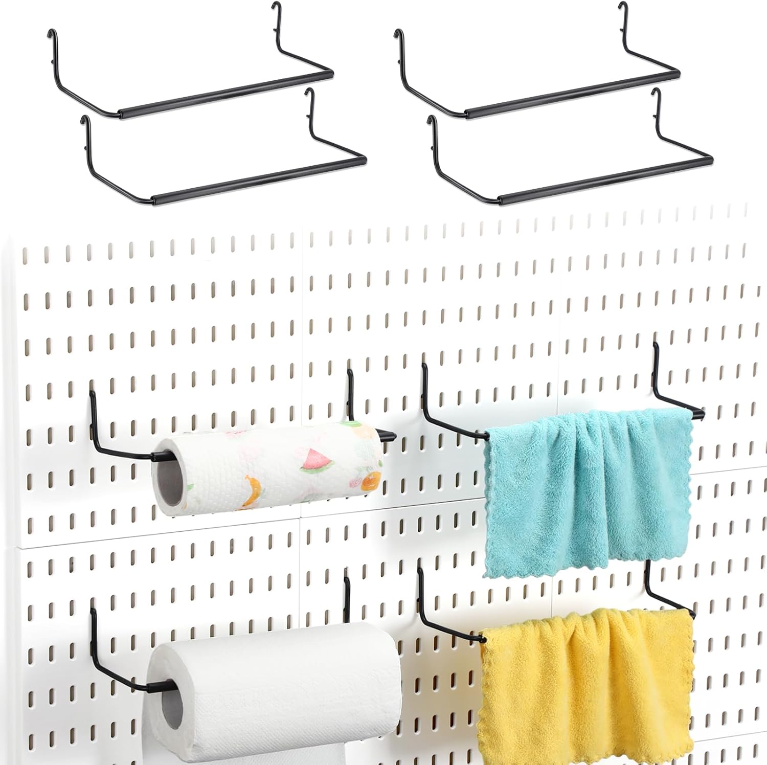 Yaocom 4 Pcs Paper Towel Holder for Pegboard Paper Towel Holder Pegboard Accessories Compatible with IKEA Skadis Peg Board Hooks for Towels, Kitchen Towels, Stickers, Tapes (Black)