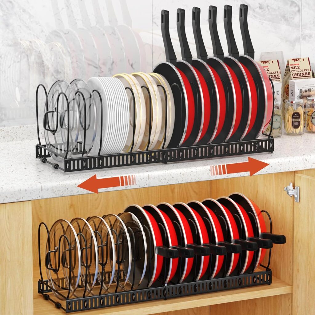Housolution 2 Pack Pot and Pan Organizer, 12"-23" Expandable Pot Lid Organizer with 14 Adjustable Dividers, Pan Lid Holder Storage Rack for Cabinet, Black