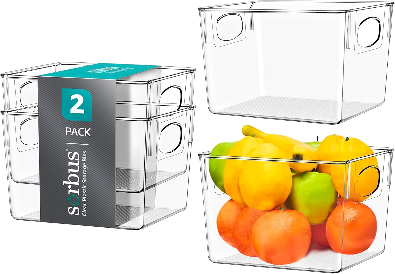 Sorbus Medium Clear Plastic Storage Bins for Shelves, Clothes, with Handle - Clear Storage Bins, Drawer, Shelf, Closet, Pantry, Fridge, Freezer Organizer Bins, Closet Organizers and Storage (2 pack)