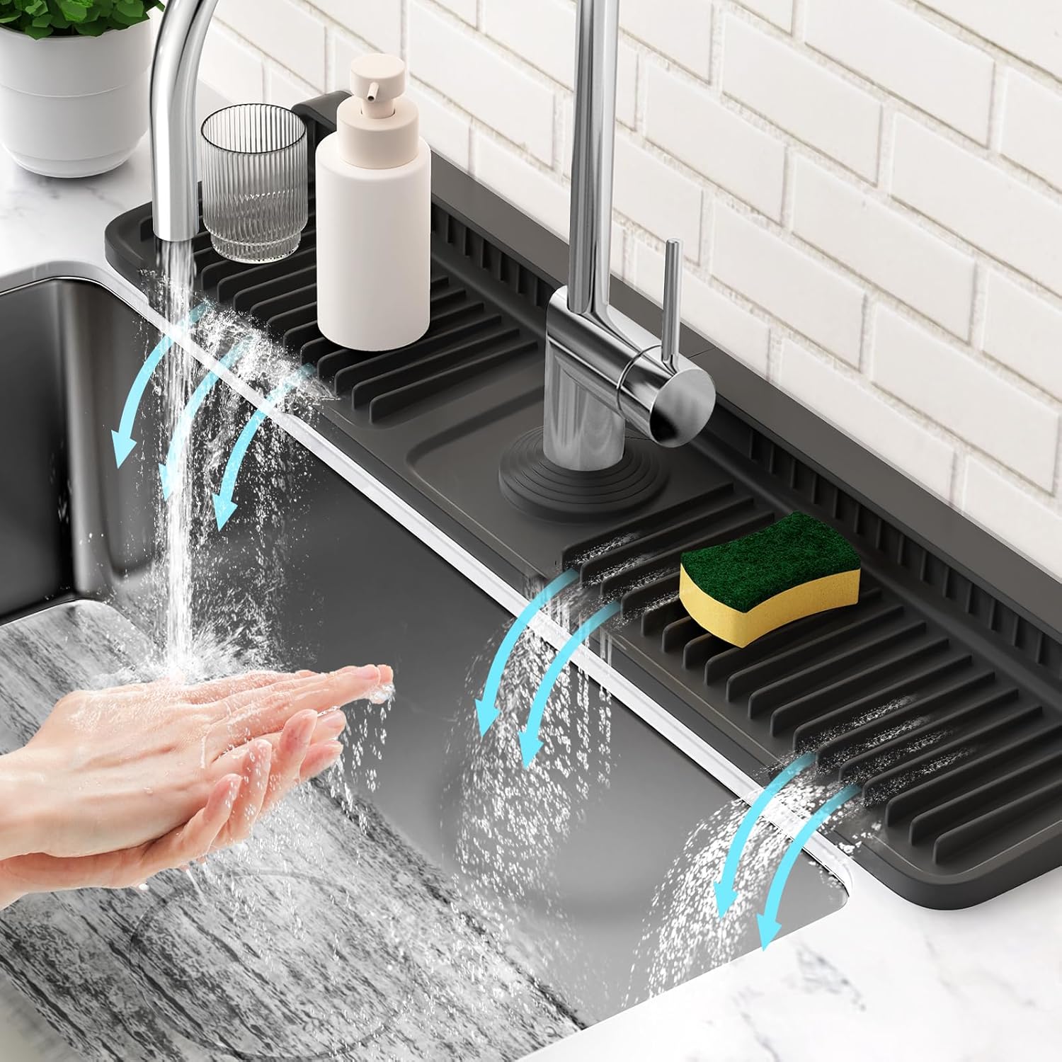 24'' Longer Faucet Mat for Kitchen Sink Splash Guard[7 Slope Fast Self-draining][Snap Lock Fit]Kitchen Sink Faucet Mat Splash Guard Kitchen Sink Area Water Splash Guard Behind Faucet Draining Mat