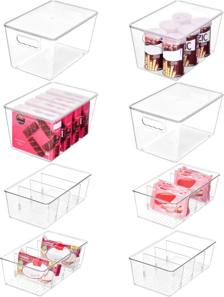 Vtopmart 8 Pack Clear Plastic Storage Bins Set, 4 Large Pantry Organizer Bins with Lids & Handles and 4 Medium Snack Organizer Bins with 4-Compartment for Pantry, Kitchen, Fridge, Cabinet Organization