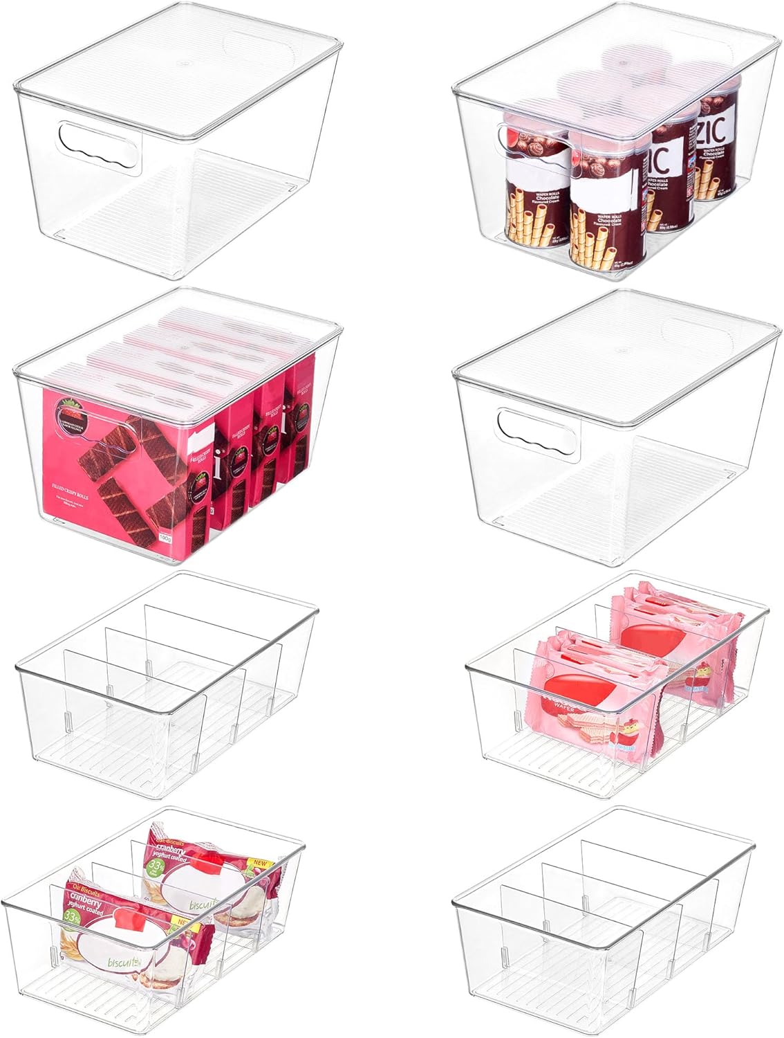 Vtopmart 8 Pack Clear Plastic Storage Bins Set, 4 Large Pantry Organizer Bins with Lids & Handles and 4 Medium Snack Organizer Bins with 4-Compartment for Pantry, Kitchen, Fridge, Cabinet Organization