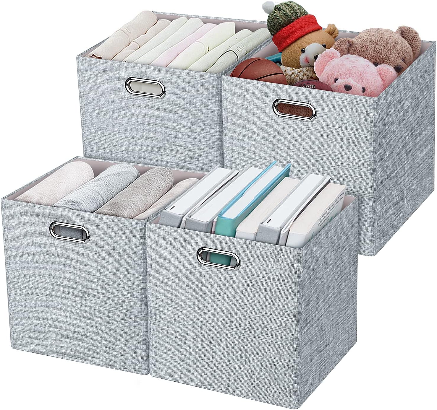 Posprica 3X Thicker Fabric Storage Cubes 13 inch Collapsible Storage Bins for Organization, Cubby Storage Baskets for Organizing Shelf Cabinet Bookcase Boxes, Set of 4, Sliver Grey