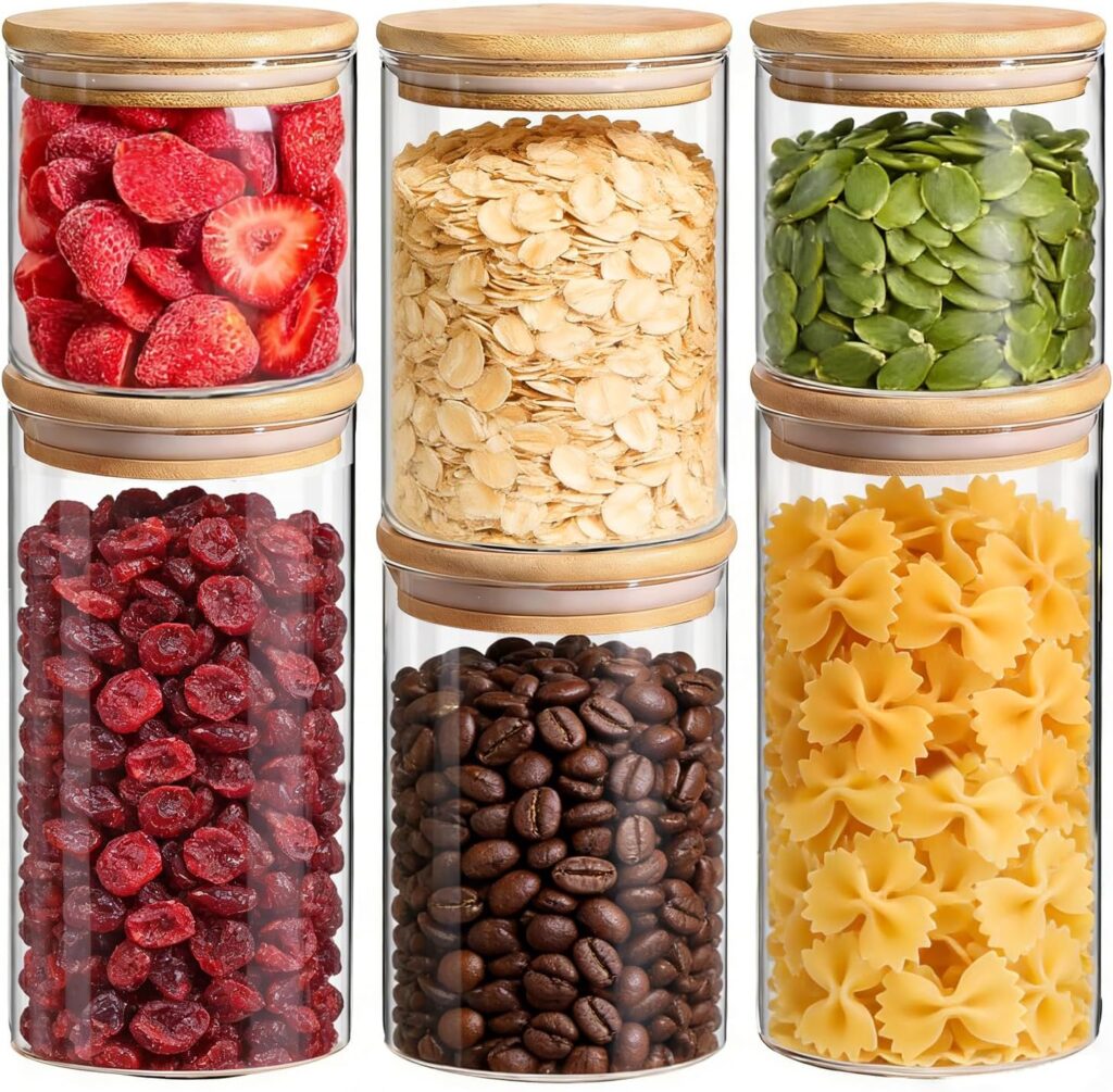 ComSaf Glass Storage Containers with Lids (0.6qt/1qt/1.5qt) Set of 6,Glass Pantry Storage Containers with Airtight Lid & lables for Dry Food, Snacks, Nuts, Stackable for Kitchen, Pantry Organization