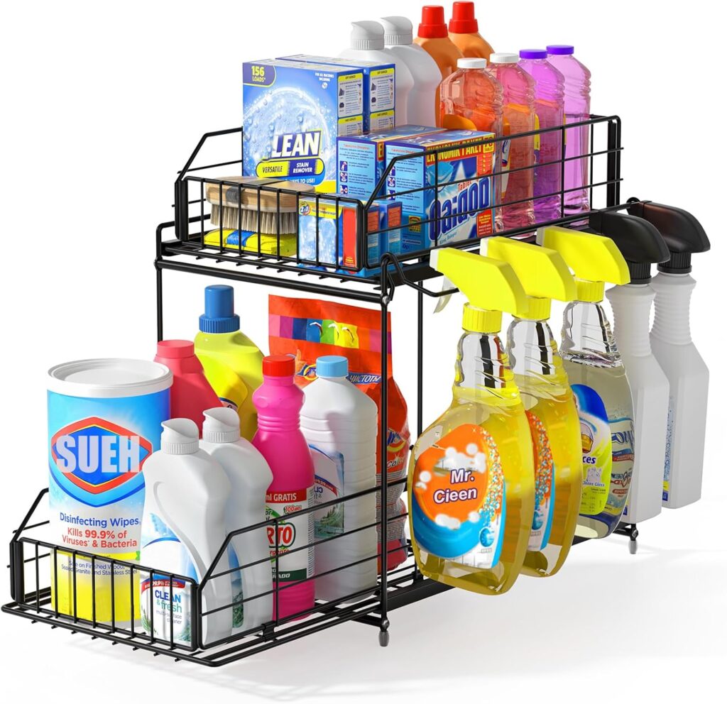 SUEH DESIGN Under Sink Organizer, 2 Tier Bathroom Cabinet Organizer Metal Kitchen Sink Organzier with Hanging Rail for Kitchen Bathroom Organization and Storage, 1 Pack