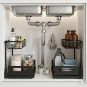 Sturdy Metal Under Sink Organizer 2 Tier, Pull Out Drawer Slides Under Sink Storage for Bathroom Kitchen, Multi-Purpose Iron Under Cabinet Organizer for Cleaning Supplies (Black, 2 Pack)