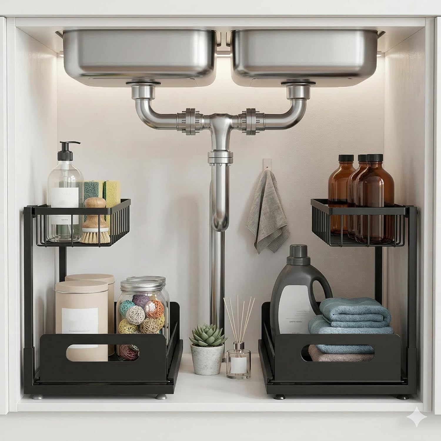 Sturdy Metal Under Sink Organizer 2 Tier, Pull Out Drawer Slides Under Sink Storage for Bathroom Kitchen, Multi-Purpose Iron Under Cabinet Organizer for Cleaning Supplies (Black, 2 Pack)