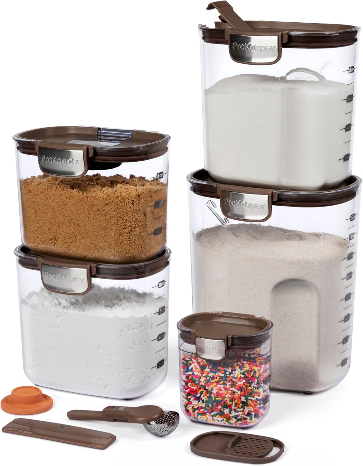ProKeeper+ Airtight Food Storage Container Set  Clear Plastic Flour and Sugar Canister Set with Magnetic Accessories for Kitchen Organization (Brown, 9-Piece)