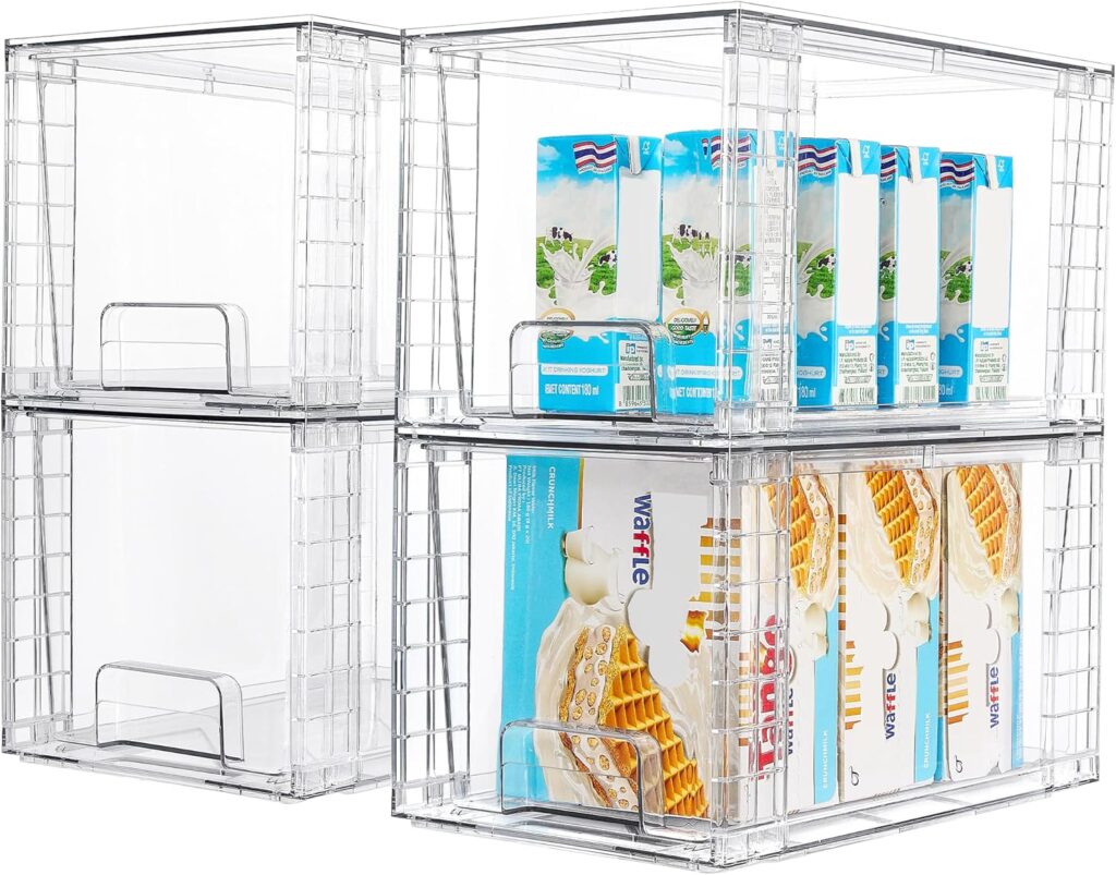 Vtopmart 4Pack Large Stackable Kitchen Pantry Storage Drawers, Clear Organizer Bins with Handles, Acrylic Drawer Organizers for Kitchen Pantry, Bathroom Undersink, Cabinet Organization and Storage
