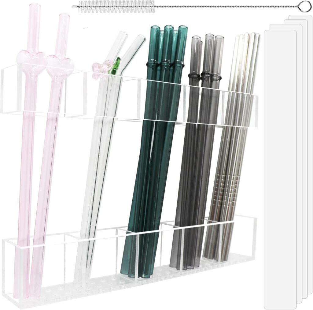Acrylic Straw Holder for Cabinet Door 9.5- Transparent Reusable Tumbler Straw Organizer Storage, Clear Small Kitchen Organization Accessories Container Rack, Ultra Sticky Cupboard Door Mounted
