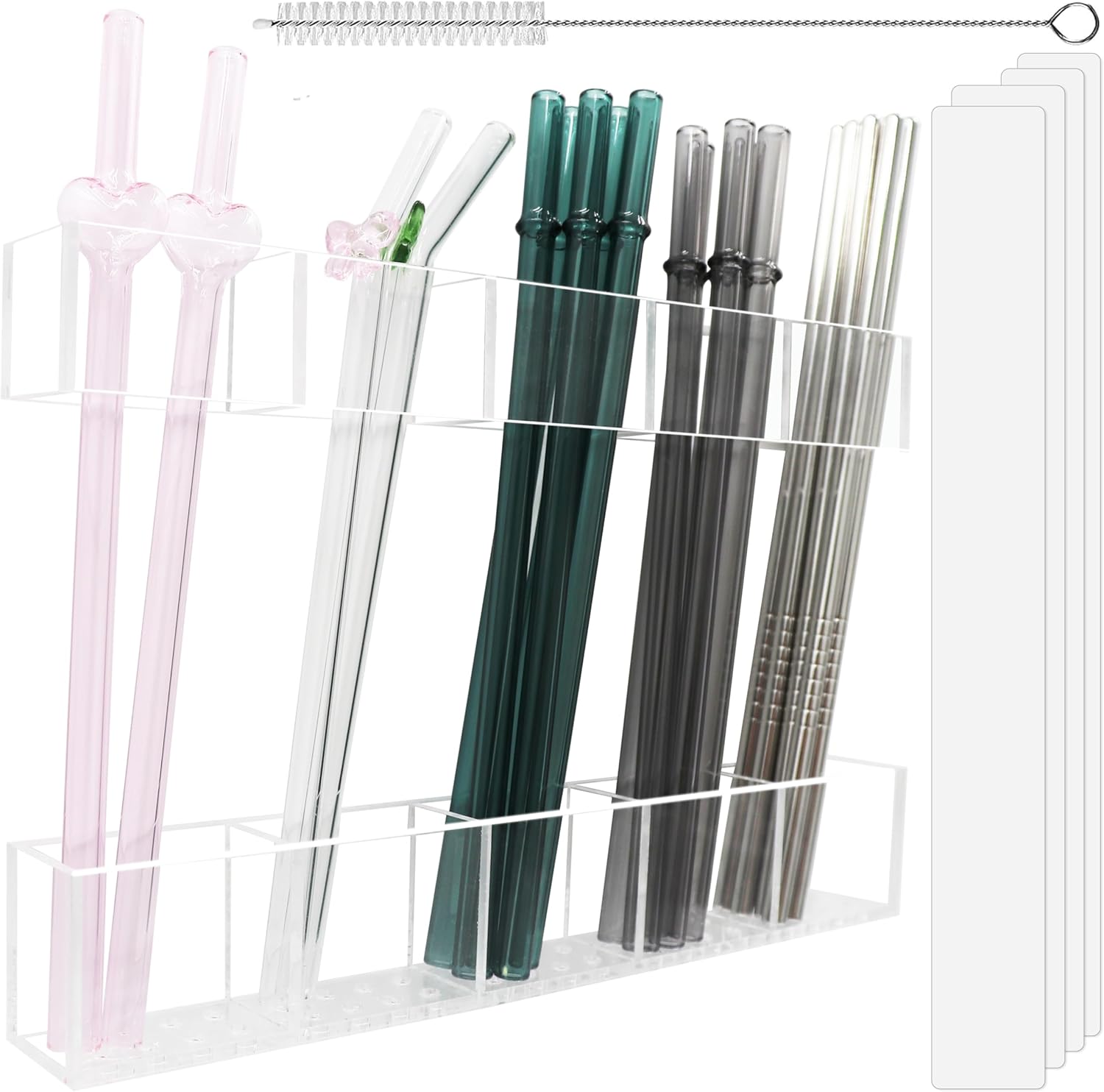 Acrylic Straw Holder for Cabinet Door 9.5- Transparent Reusable Tumbler Straw Organizer Storage, Clear Small Kitchen Organization Accessories Container Rack, Ultra Sticky Cupboard Door Mounted