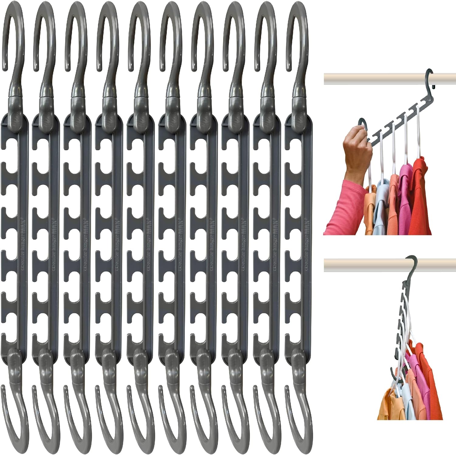 Wonder Hanger Max 10-Pack Space Saving Hangers, Reinforced Hooks Swivels 360, Cascading Hanger, College Dorms & Storage Closet Organizer, Fully Assembled  Grey