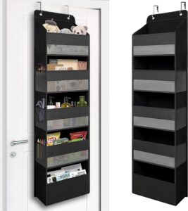 TYMENSH Over Door Organizer with 5 Large Pockets, Heavy Duty Hanging Organizer Storage, Closet Bathroom Nursery Bedroom Dorm, Toys Cosmetics Sundries and Baby Essentials, Black