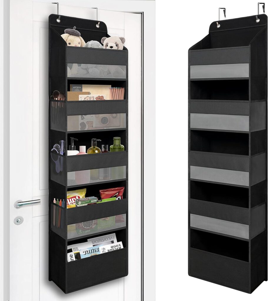 TYMENSH Over Door Organizer with 5 Large Pockets, Heavy Duty Hanging Organizer Storage, Closet Bathroom Nursery Bedroom Dorm, Toys Cosmetics Sundries and Baby Essentials, Black