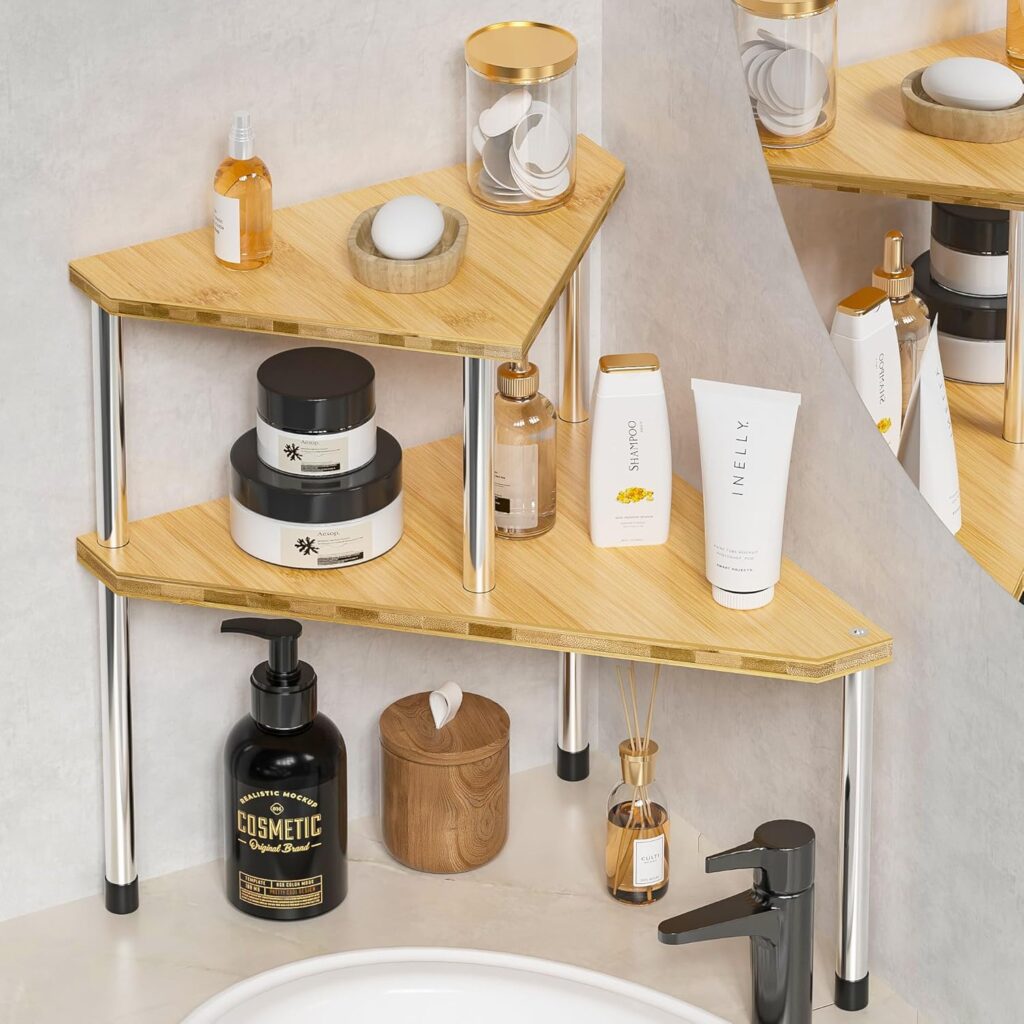 Weenson Bathroom Organizer Countertop Corner Shelf  2 Tier Bathroom Organization Bamboo Spice Rack Kitchen Countertop Organizer Space Saving Storage Shelves Living Room Office Home Decor