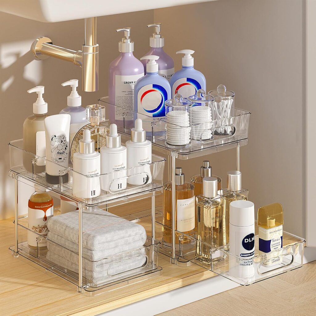 Delamu Under the Sink Organizer, 2-Tier Snap-Lock Cabinet Drawers with Removable Adjustable Shelf, Under Sink Cabinet Organizer for Bathroom, Kitchen, Vanity & Every Household