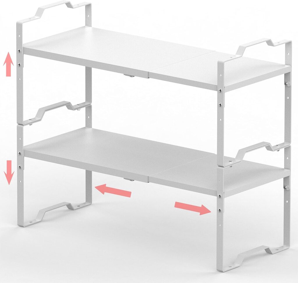 Jojocross Expandable Shelf for Cabinet Organizer Adjustable Stackable Spice Rack at Kitchen and Bathroom More, Counter Countertop Cupboard Organization Pantry Storage(LARGE/2PACKS/WHITE)
