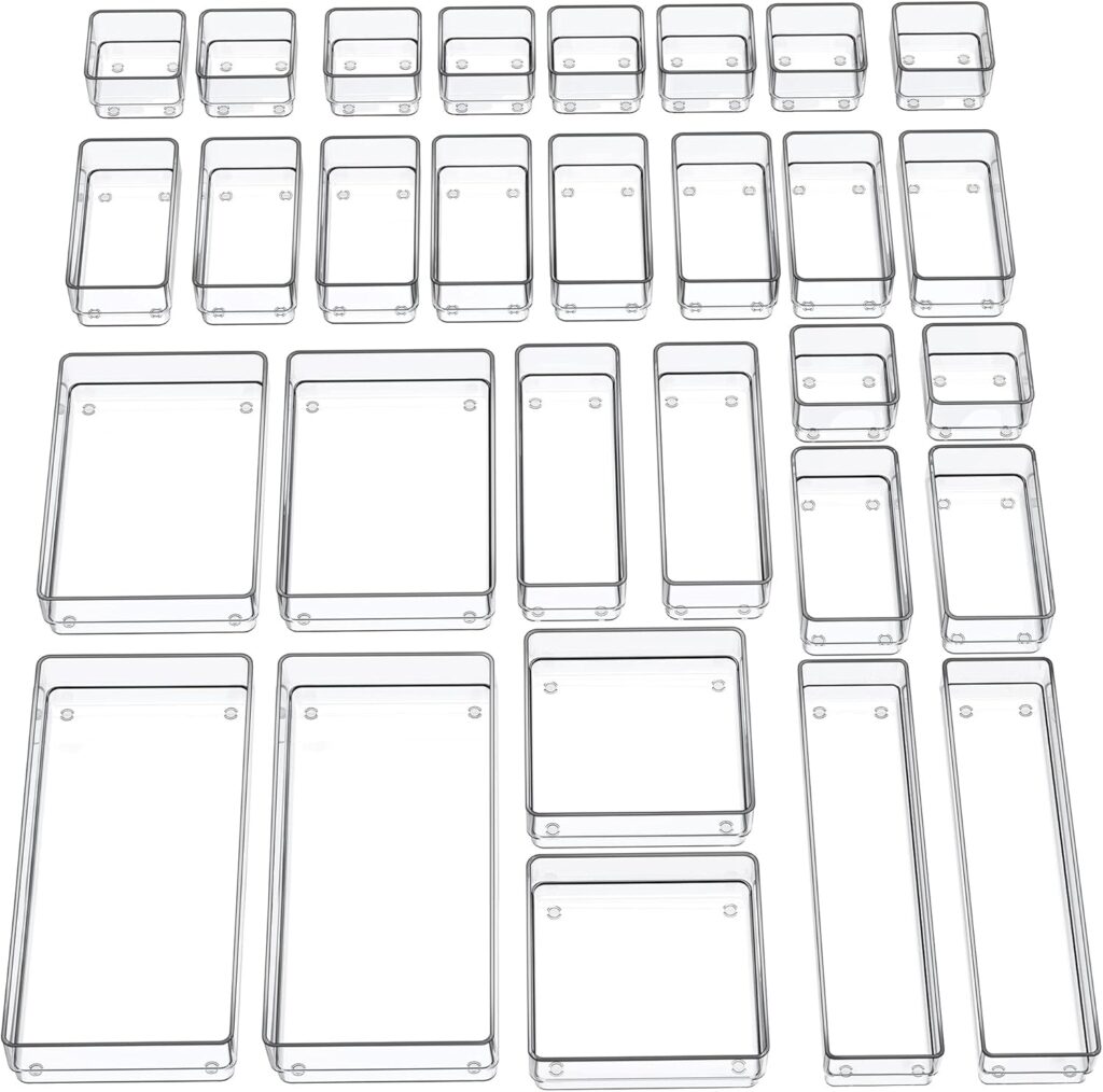 SMARTAKE 30-Piece Drawer Organizer with Non-Slip Silicone Pads, 7-Size Desk Drawer Organizer Trays Storage Tray for Makeup, Jewelries, Utensils in Bedroom Dresser, Office and Kitchen (Clear)
