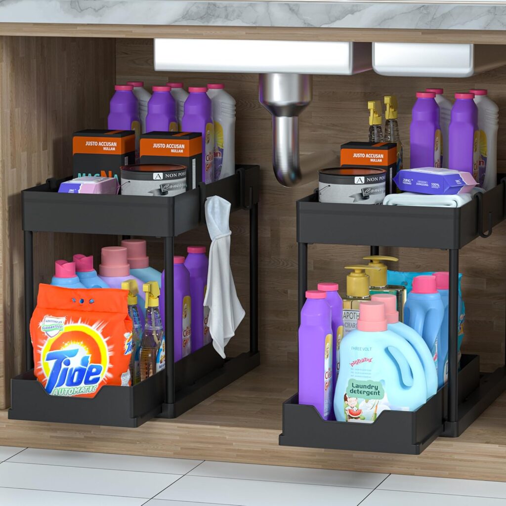 MEAFBIRD 2 Pack Under Sink Organizer, 2 Tier Bathroom Cabinet Organizer with Sliding Basket, Multi-Purpose Under Sink Organizers and Storage for Bathroom Kitchen (Black 2 Pack)