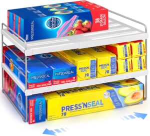 Cirhy Kitchen Wrap Organizer, Expandable Pantry Organizers and Storage, 3-Tier Foil and Plastic Wrap Organizer for Cabinet, Adjustable Shelf for Tin Foil, Ziplock Box, Saran Wrap (9.8-15.6")