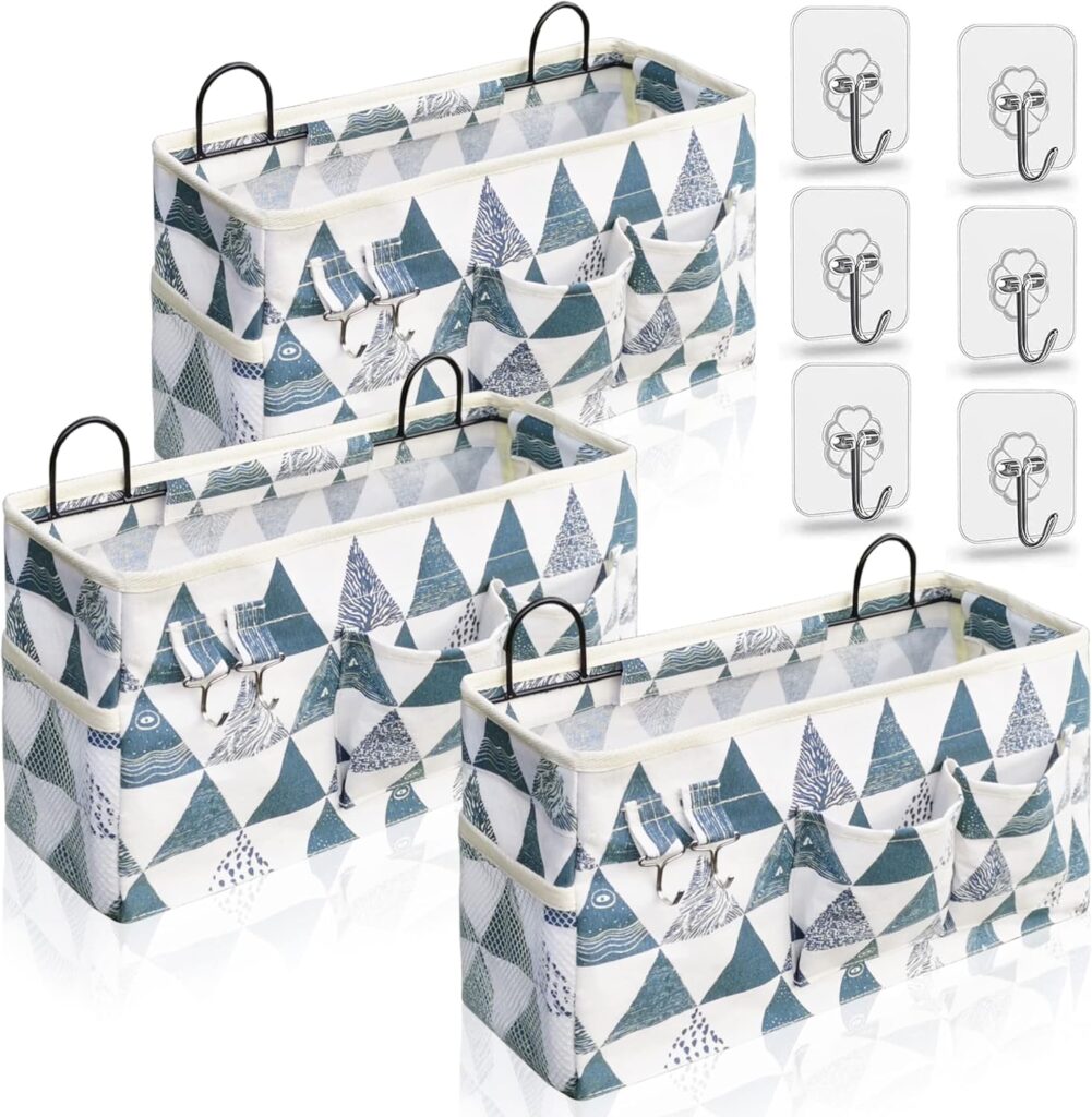 Kanrichu 3pcs Large Wall Hanging Organizer Bag, Linen Fabric Door Hanging Storage Baskets with Pockets, Waterproof Bin for Kitchen, Bedroom, Office, RV Camper (Triangle)