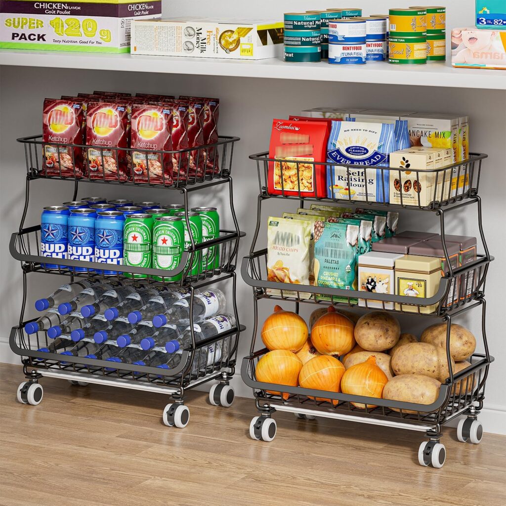 3-Tier Rolling Cart with Wheels - Stackable Wire Baskets for Pantry Organization and Kitchen Storage, Floor & Countertop Fruit Organizers Vegetable Rack for Coffee Snack Onion Potato, Metal