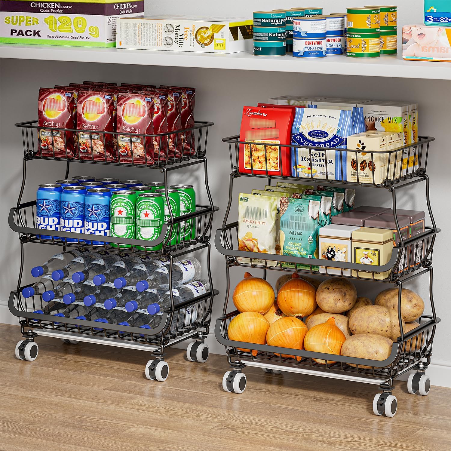 3-Tier Rolling Cart with Wheels - Stackable Wire Baskets for Pantry Organization and Kitchen Storage, Floor & Countertop Fruit Organizers Vegetable Rack for Coffee Snack Onion Potato, Metal