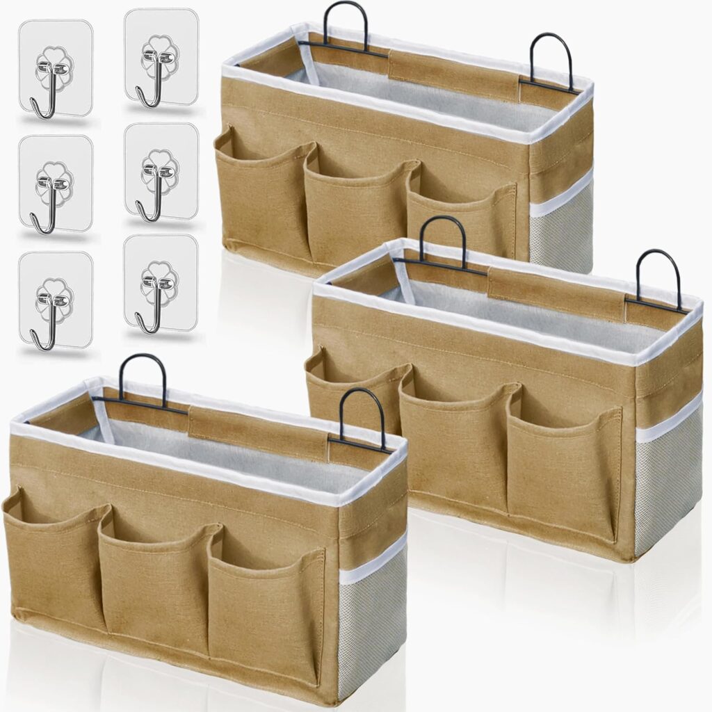 Kanrichu 2pcs 3-pockets Large Wall Hanging Organizer Bag, Linen Fabric Door Hanging Storage Baskets with Pockets, Waterproof Bin for Kitchen, Bedroom, Office, RV Camper (Khaki-3pcs)