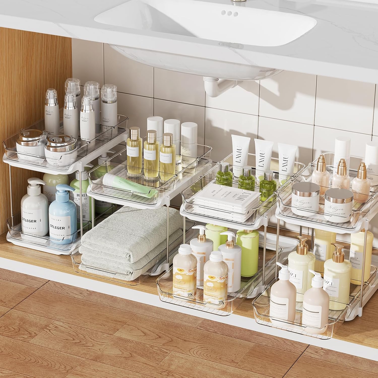 Delamu 4 Pack 2-Tier Bathroom Under Sink Organizers and Storage, Multi-Purpose Stackable Pantry Organization and Storage, Pull Out Clear Kitchen Bathroom Cabinet Organizer with Movable Dividers, White