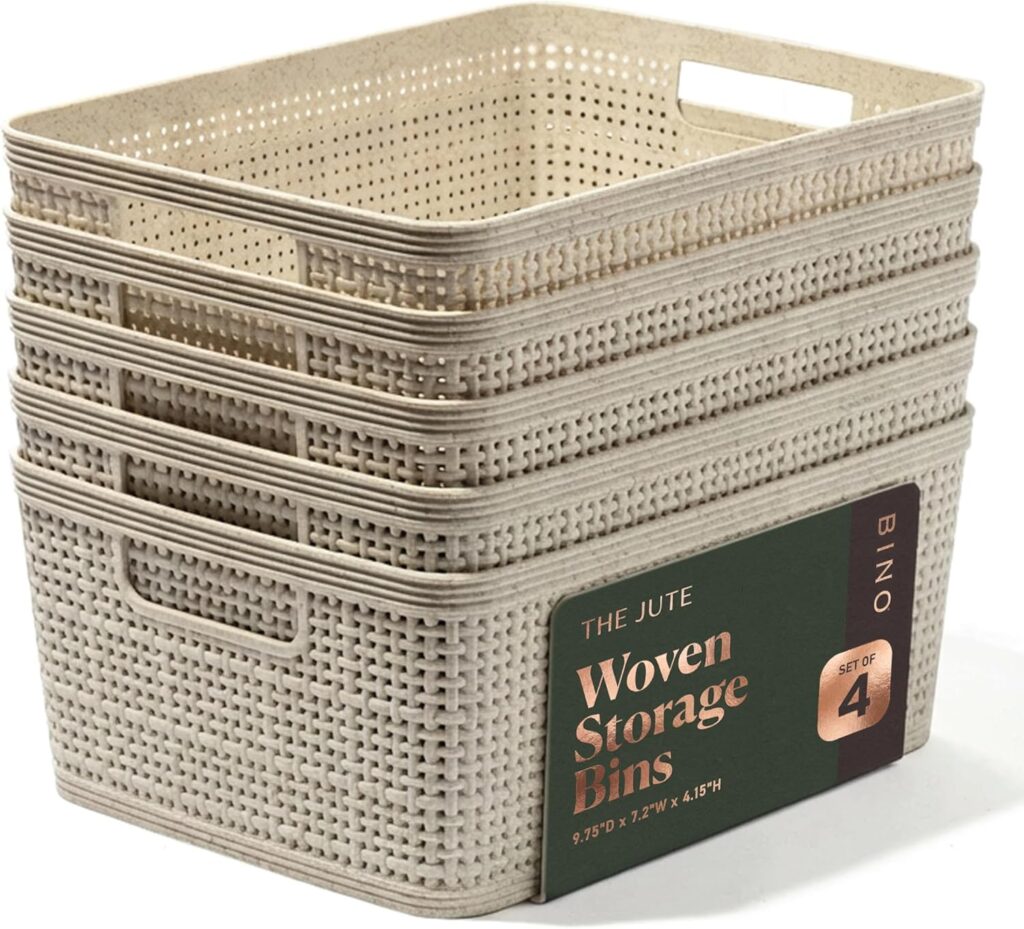 BINO | Woven Plastic Basket | Small (Natural), 5-Pack | THE JUTE COLLECTION | Home Organization, Space - Saving Storage, Stylish Design | Jute Basket | Plastic Storage Basket