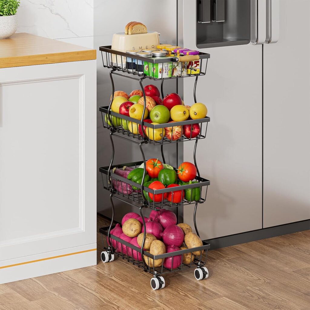 4-Tier Vegetable Fruit Basket for Kitchen, Rolling Pantry Floor Organizer and Storage Cart with Wheels, Stackable Wire Product Basket Stand Potato Onion Bins Snack Rack for Pantry
