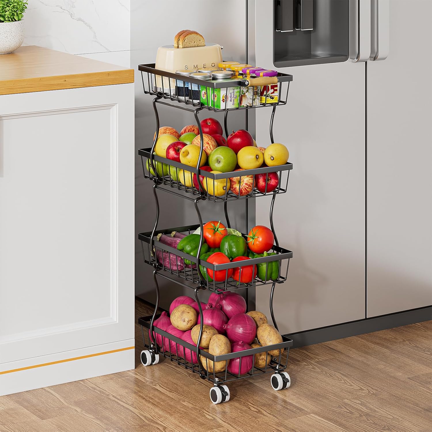 4-Tier Vegetable Fruit Basket for Kitchen, Rolling Pantry Floor Organizer and Storage Cart with Wheels, Stackable Wire Product Basket Stand Potato Onion Bins Snack Rack for Pantry