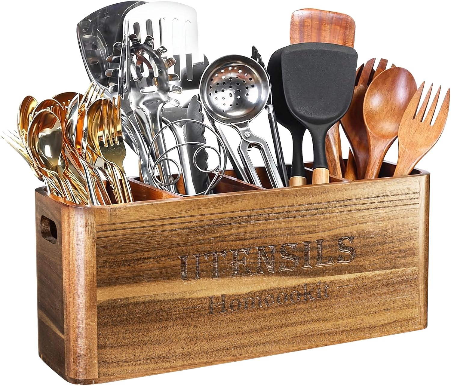 Utensil Holder for Kitchen Countertop, Extra Large Acacia Wood Organizer, 4-Compartment Storage for Cooking Tools, Farmhouse-Style Cutlery Holder