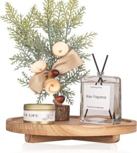 Round Decorative Tray Wood Bathroom Counter Organizer Farmhouse Kitchen Decor Wooden Riser for Soap Dish, Perfume, Candle, Sponge, 10" - Brown