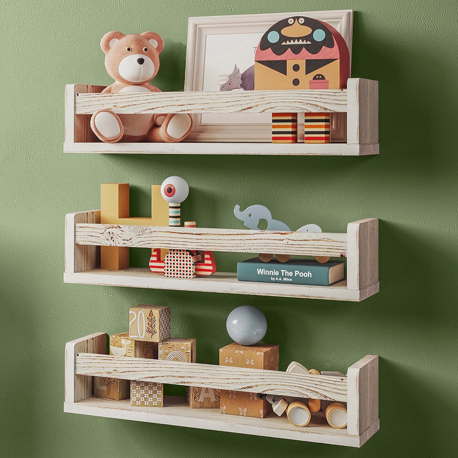 NATURE SUPPLIES Set of 3, 16.4 inch Nursery Book Shelves Made of Solid Wood for Books, Toys, Decor, Wall Kids Bookshelf, Floating Shelf, Ideal Storage for Nursery or Playroom Organization,Whitewashed