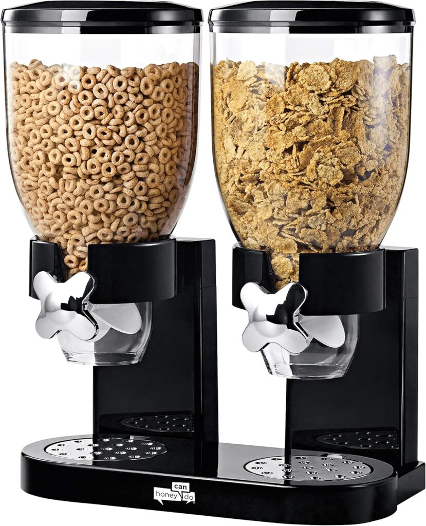 Honey-Can-Do Zevro Dual Dry Food Dispenser  Countertop Cereal Dispenser with Portion Control, 17.5 oz Per Canister, Airtight BPA-Free Snack Dispenser for Kitchen Organization, Black/Chrome