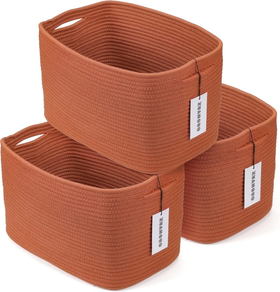 Cotton Rope storage Basket Bins Woven Basket for Organizing Shelves 15X10X9.3" Rectangle Decorative Baskets For storage Clothes Toys Books Towels Nursery basket organizer 3 pack Rust